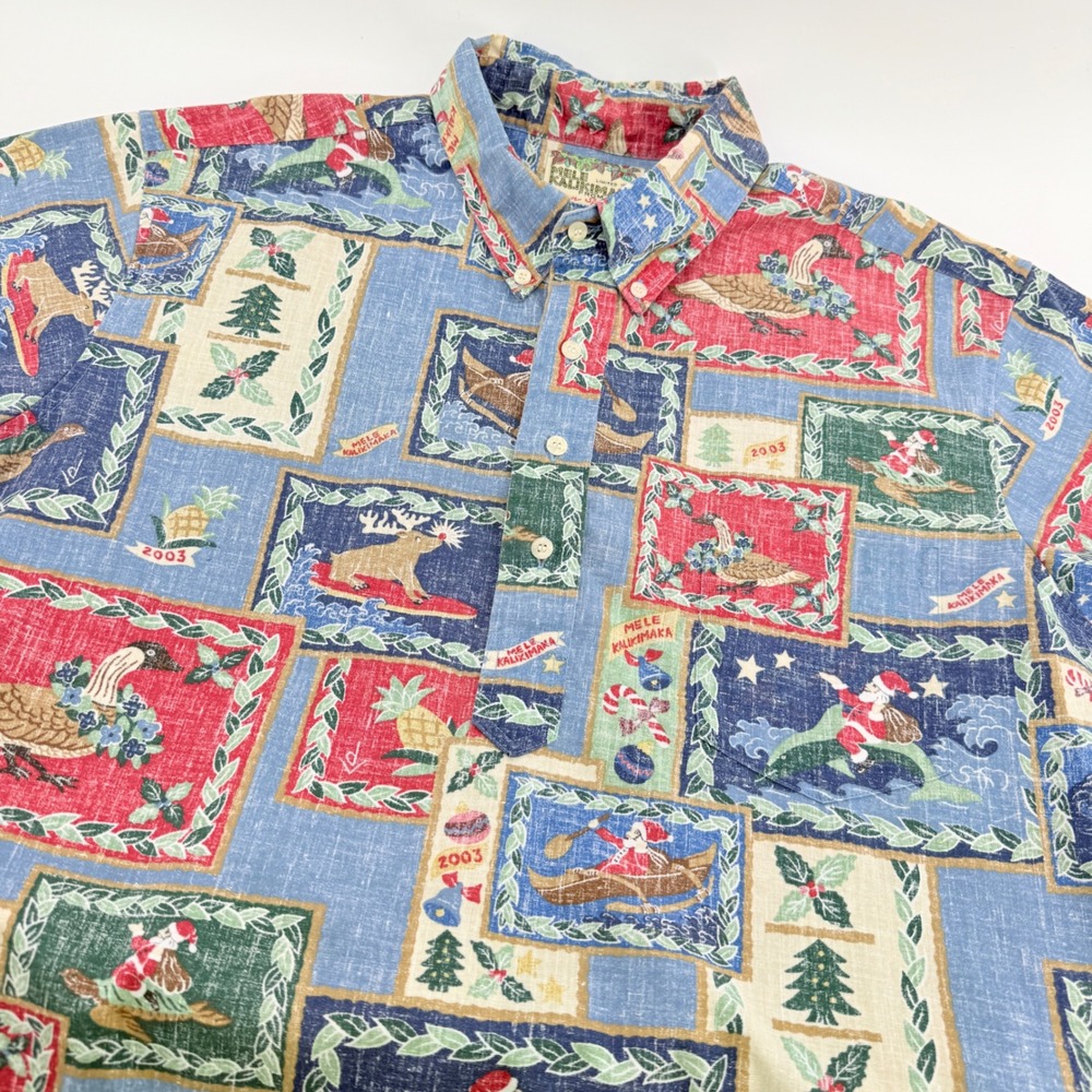 Reyn Spooner Mele Kalikimaka 2003 Hawaiian Shirt XL Blue Christmas Surfing Santa